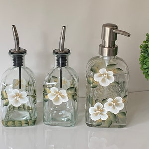 Painted hand soap dispenser, soap dish, hand soap bottle, hand lotion dispenser, dish soap dispenser, white flowers bathroom decor