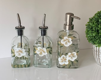 Painted hand soap dispenser, soap dish, hand soap bottle, hand lotion dispenser, dish soap dispenser, white flowers bathroom decor