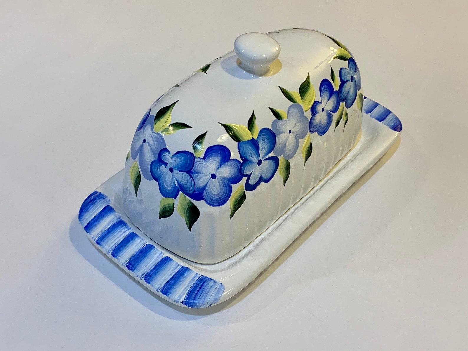 Painted ceramic butter dish with blue flowers design. Etsy