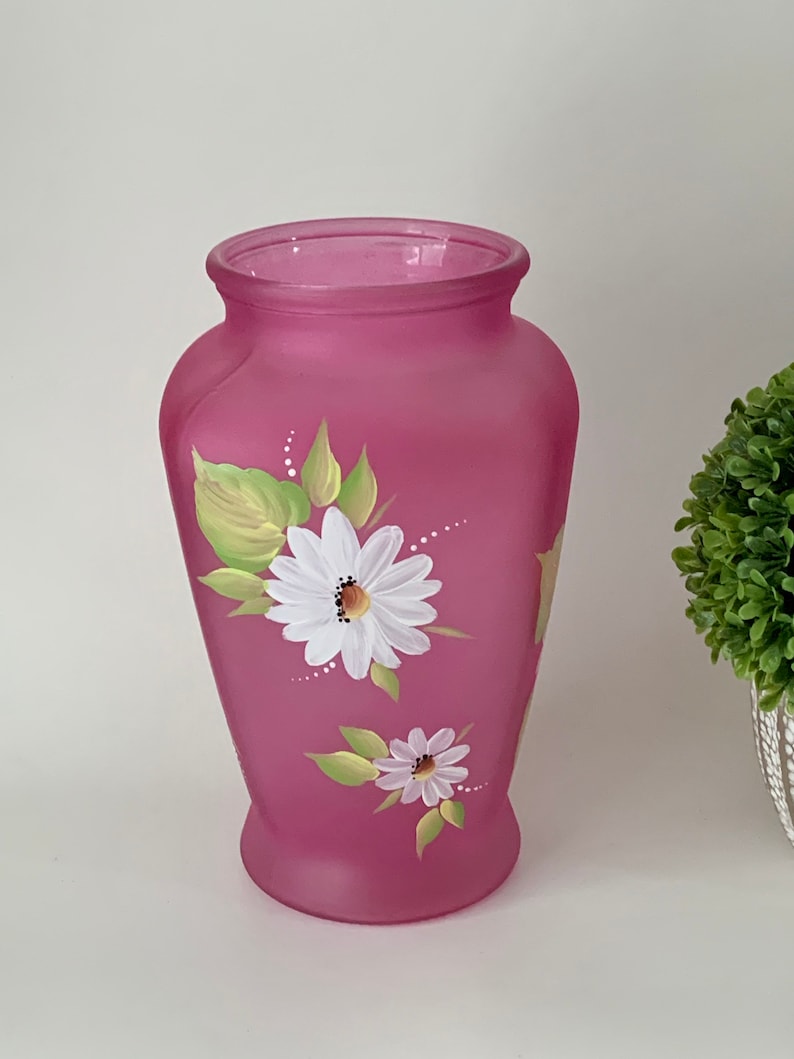 Hand Painted Glass Vase Painted White Daisies Frosted Pink Etsy
