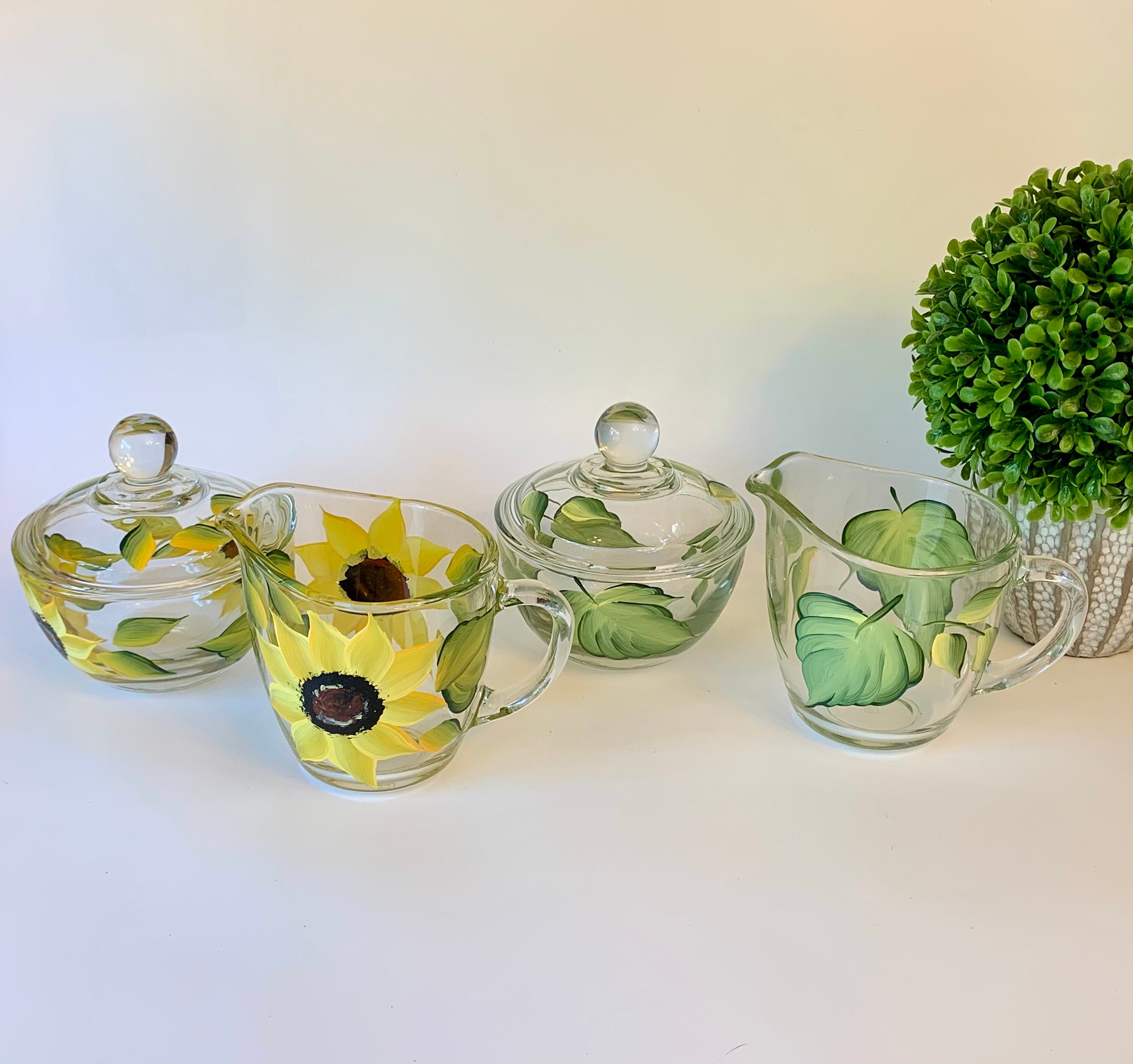 Hand painted glass sugar and creamer set sunflowers or sage Etsy