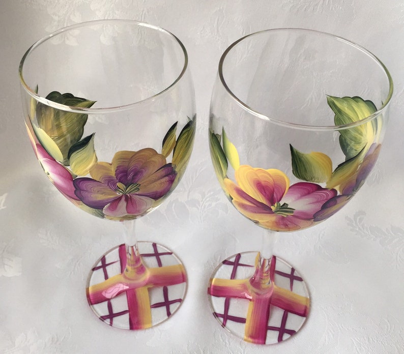 Pansies Wine Glasses Wine Goblet Painted Wine Glass Set Etsy