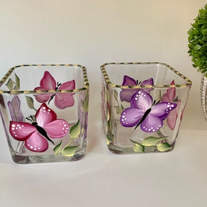 Butterfly glass candle holder, hand painted butterflies dish, cute grab bag gift votive candle holder, potpourri dish, square candle holder