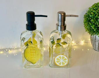 Soap dispenser, painted lemons, dish soap dispenser, soap dish, hand soap dispenser, glass soap dispenser, liquid soap, lemon soap.