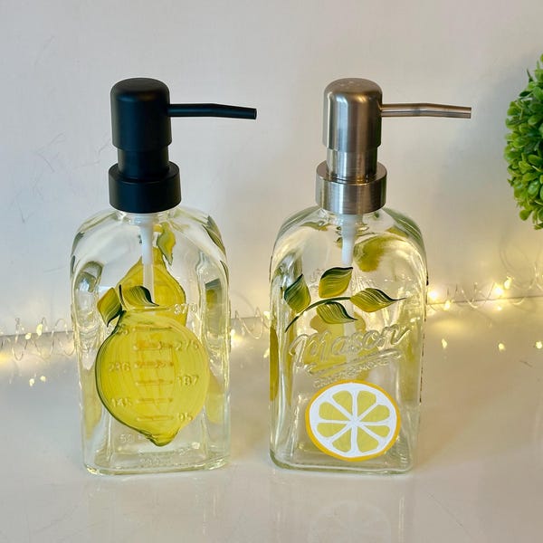 Soap dispenser, painted lemons, dish soap dispenser, soap dish, hand soap dispenser, glass soap dispenser, liquid soap, lemon soap.