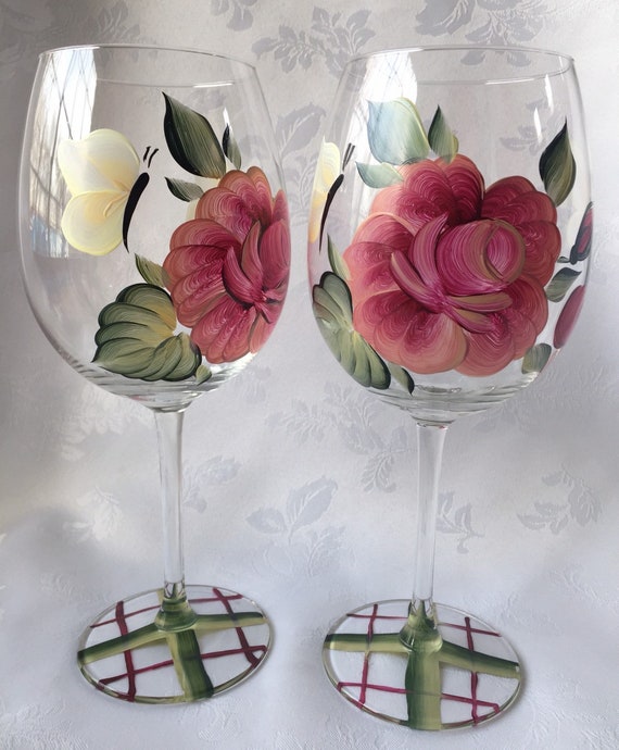 Set Of Two Handpainted Roses And Butterflies Oversized Wine Etsy