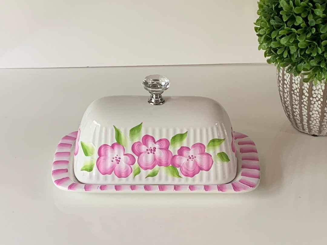 Painted Ceramic Butter Dish Pink Flowers, Covered Butter Dish, Butter
