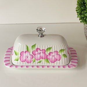 Painted ceramic butter dish pink flowers, covered butter dish, butter dish with lid, useful kitchen gift, godmother gift, cute butter dish