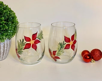 Painted stemless wine glass with poinsettia, winter wine glass, poinsettia wine glass, Christmas stemless, holiday wine glasses, mom gift