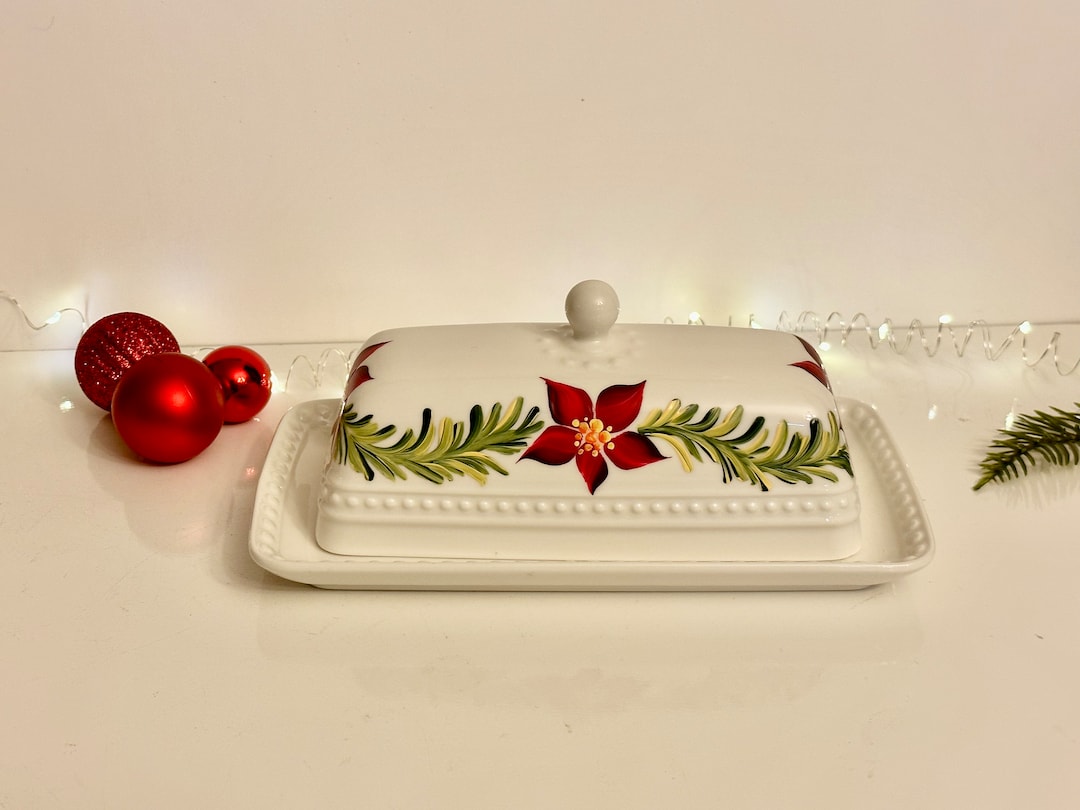 Butter Dish Hand Painted With Red Poinsettia, Covered Ceramic Butter