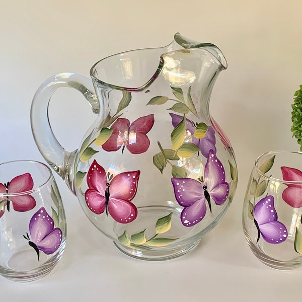 Butterfly glass pitcher set, painted wine glasses, goblet set, step mom gift, lemonade pitcher, water pitcher, godmother gift, sangria set