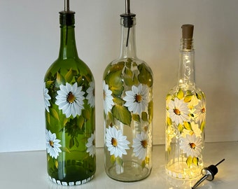 Painted olive oil bottle white daisies, vinegar bottle, birthday wedding gift, painted recycled lighted wine bottle table decor mom gift