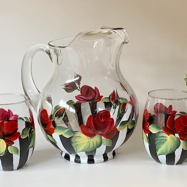 Glass pitcher, painted wine glasses, black and white, red roses pitcher, step mom gift, lemonade pitcher, water pitcher, godmother gift