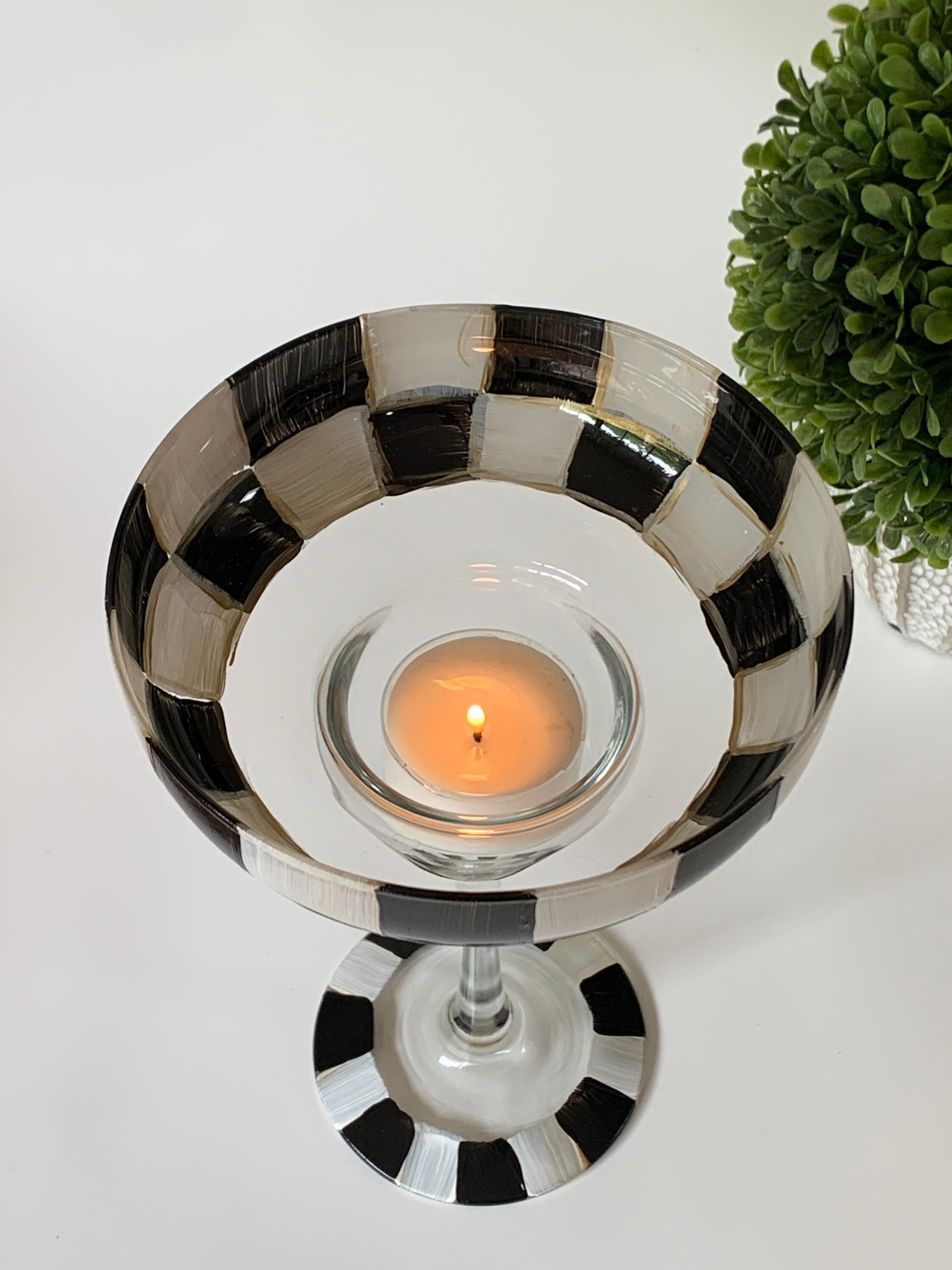 Painted candle holder with black and white checkered Etsy