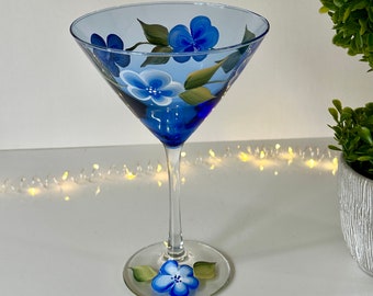 Hand painted martini glass blue flowers, cocktail glass martini lover gift, blue wedding gift, tea light candle holder, martini dessert cup