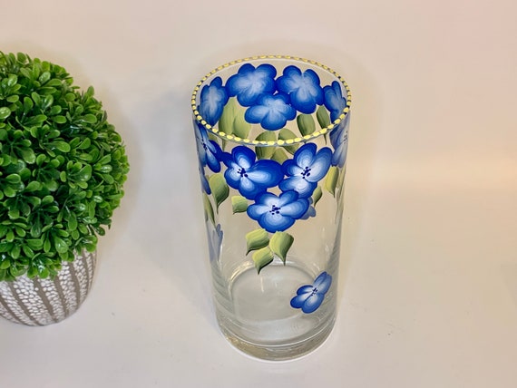 Painted Glass Vase, Blue Rose Decor, Blue Glass Vase, Flowers Vase