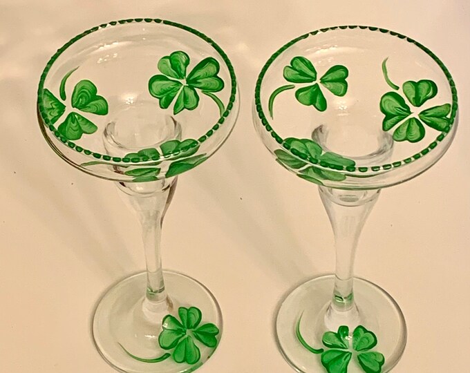 Painted Glass Candle Holder, Irish Shamrocks Cloverleaf Gift, Irish