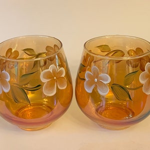Stemless wine glasses, white gold flowers on a luster gold glass, red wine glass, wedding wine glass, painted wine glasses, set of 2