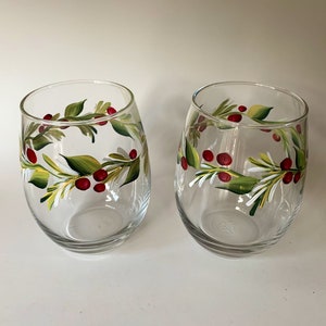 Stemless wine glass painted with holly berry. Listing is for two glasses. image 5