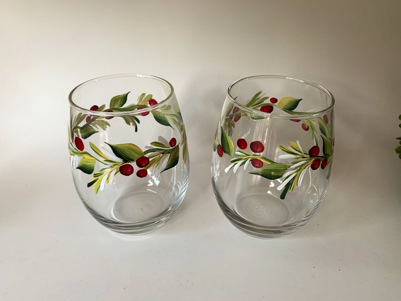 Stemless wine glass painted with holly berry. Listing is for two glasses. image 5