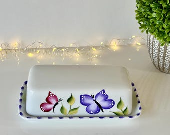 Painted ceramic butter dish with butterflies, butter keeper, covered butter dish, butter dish with lid, kitchen butterfly gift, butter dish