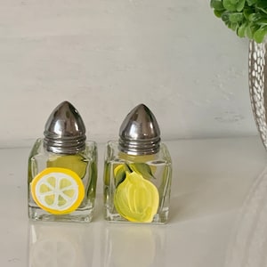 Salt and pepper shakers painted lemons, cute citrus shakers, glass mini shakers, cute lemon shakers, lemon themed table decor gift for her