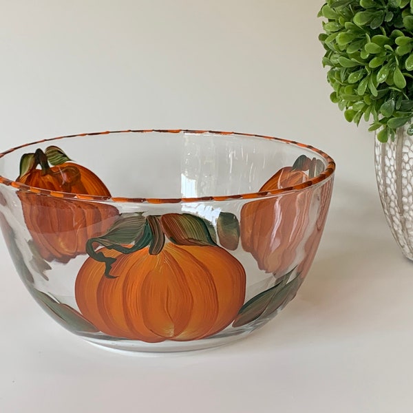 Painted glass pumpkin bowl, autumn decor, fall salad bowl, fall candy dish, medium salad bowl, painted snack dish, autumn centerpiece