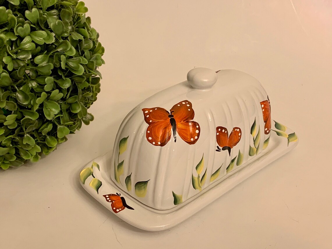 Painted butter dish with monarch butterflies ceramic butter Etsy