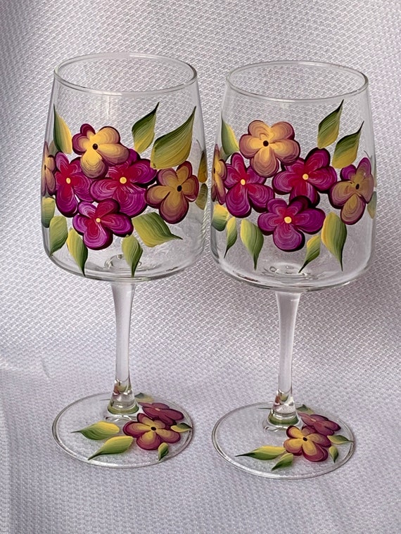 Set of Two Wine Glasses With Bright Flowers Great for 