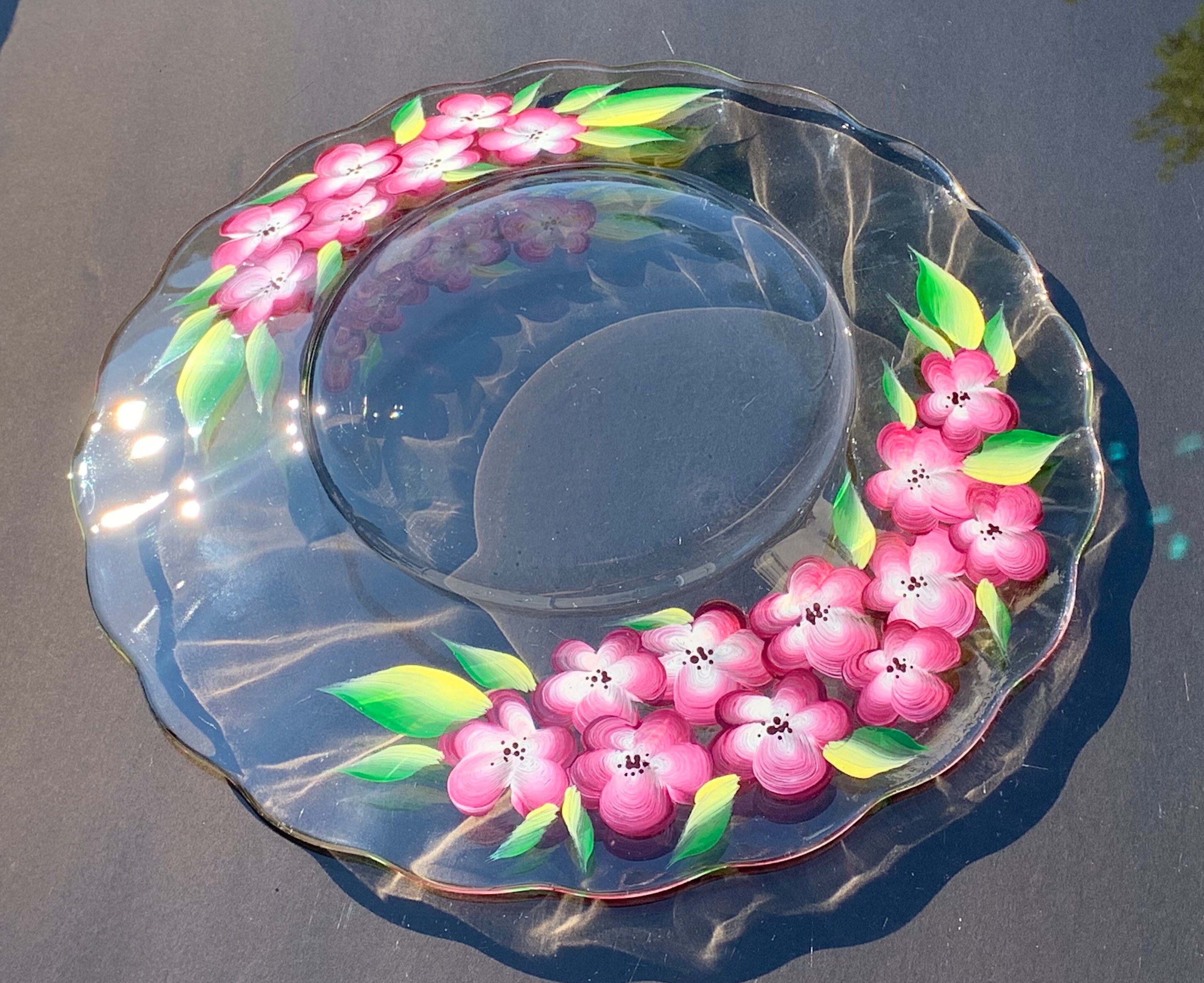Hand painted glass plate with burgundy flowers. 9 diameter. Etsy