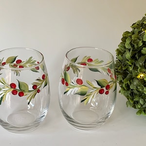 Stemless wine glass painted with holly berry. Listing is for two glasses. image 7