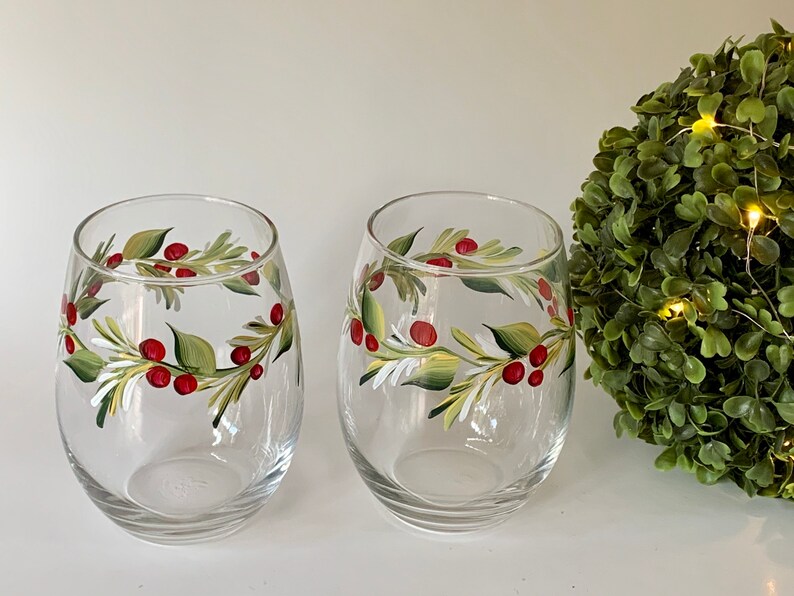 Stemless wine glass painted with holly berry. Listing is for two glasses. image 7