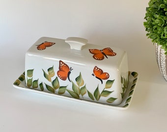 Painted butter dish with monarch butterflies, ceramic butter dish, butter keeper, covered butter dish, butter dish with lid