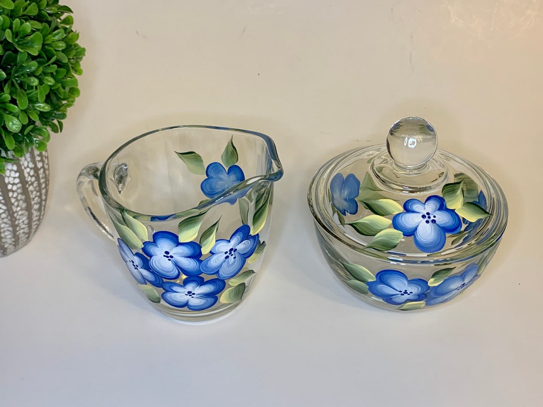 Painted Glass Sugar and Creamer Set With Blue Flowers Great Kitchen