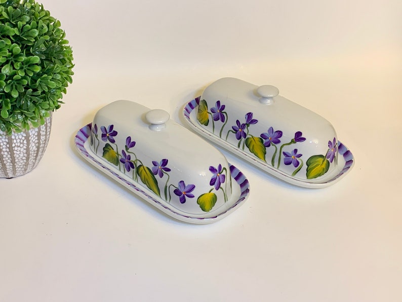 Butter Dish Hand Painted Violets Ceramic Butter Dish Covered Etsy