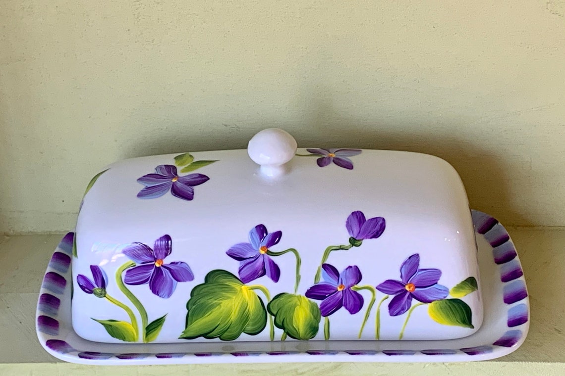 Butter dish hand painted violets ceramic butter dish covered Etsy