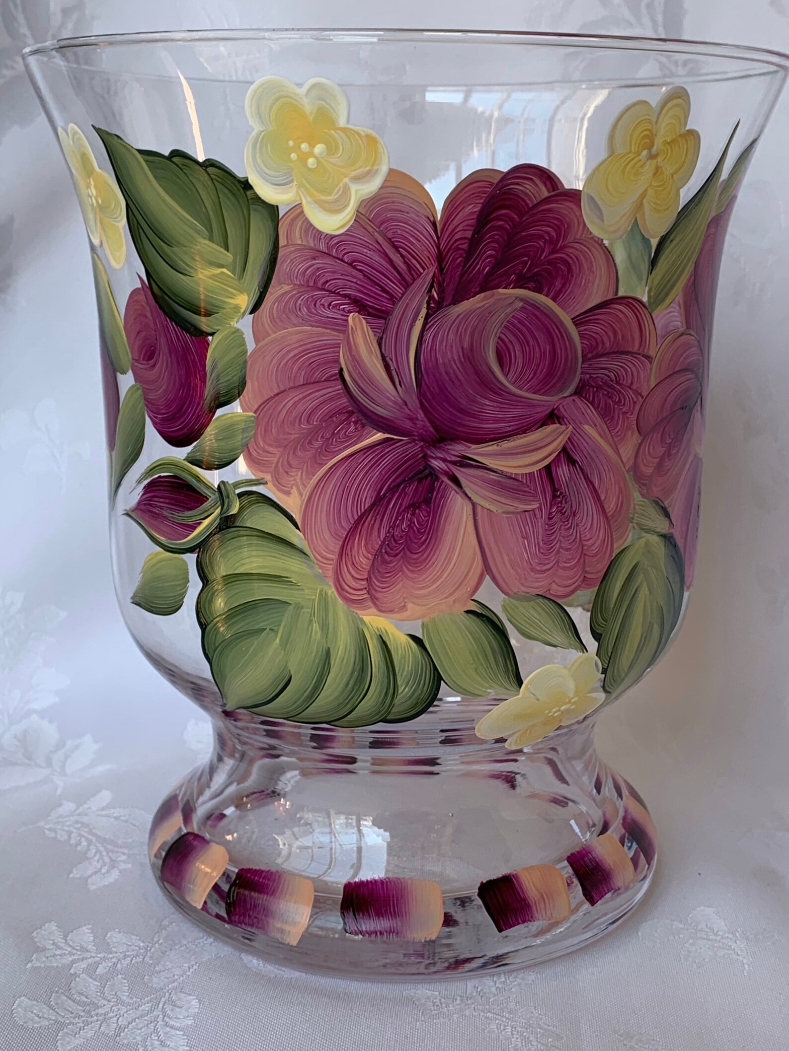 Large Glass Vase Painted Beautiful Roses Candle Holder Etsy