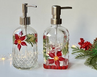 Painted poinsettia lotion or soap dispenser, glass soap dish for kitchen or bathroom, red Christmas winter decor