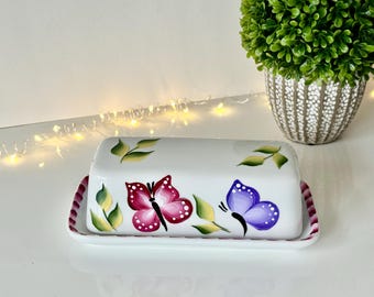 Painted ceramic butter dish butterflies, spring butter keeper, cute covered butter dish for mom aunt, kitchen butterfly butter dish with lid