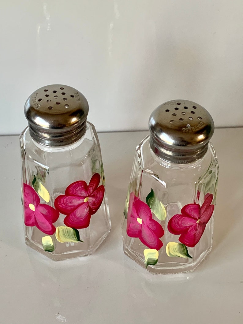 Hand painted salt and pepper shakers, magenta floral glass shaker set, painted shakers, handpainted glass table decor image 6