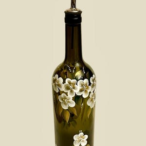 Painted olive oil bottle white gold flowers, vinegar dressing bottle, recycled wine bottle liquid dish soap dispenser, bride to be gift image 12