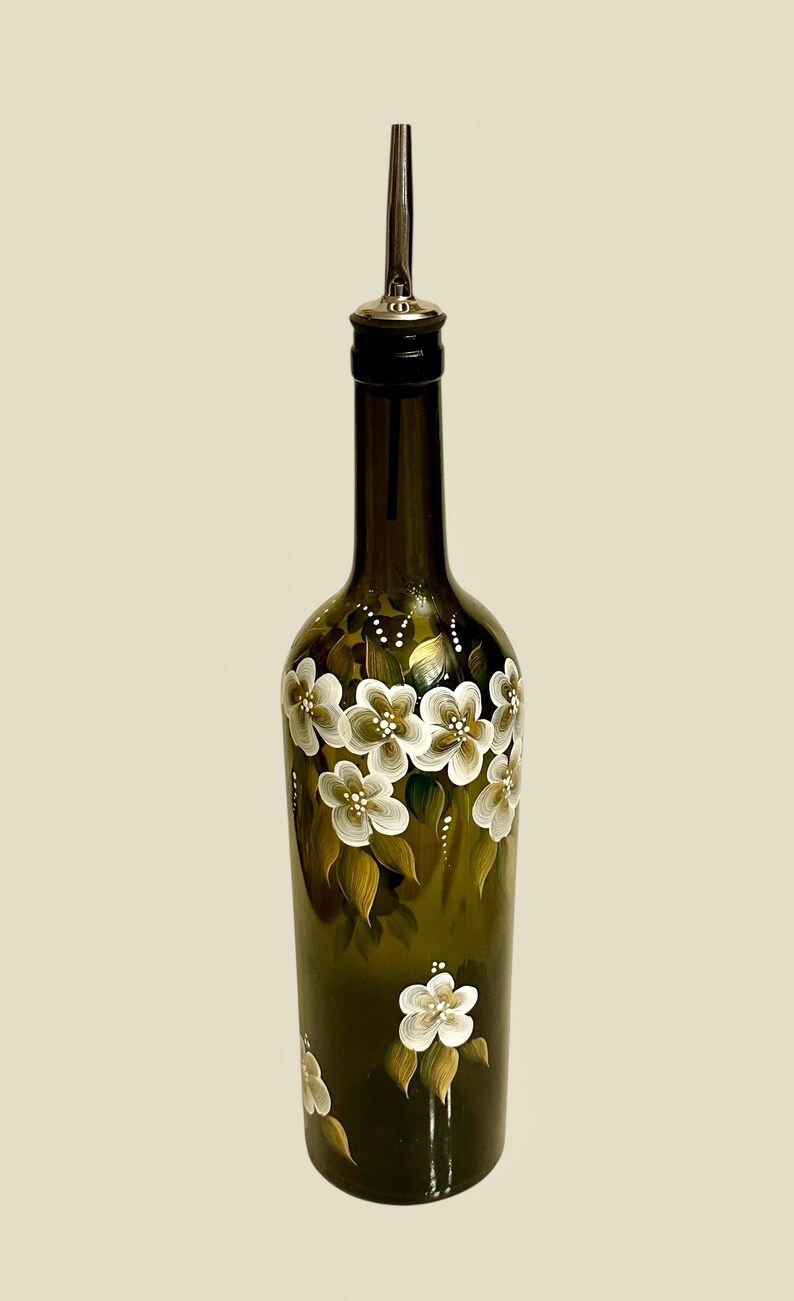 Painted olive oil bottle white gold flowers, vinegar dressing bottle, recycled wine bottle liquid dish soap dispenser, bride to be gift image 12