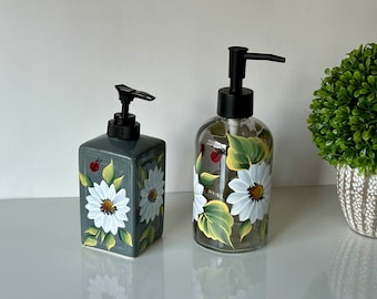 Hand painted ceramic bottle, lotion dispenser, soap pump daisies ladybugs bottle, gray liquid dish soap dispenser mom nana godmother gift