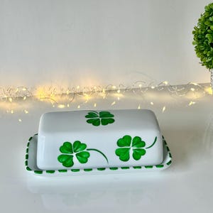 Hand painted ceramic butter dish, shamrock butter dish with lid, painted butter dish covered, Irish cloverleaf butter dish wedding gift