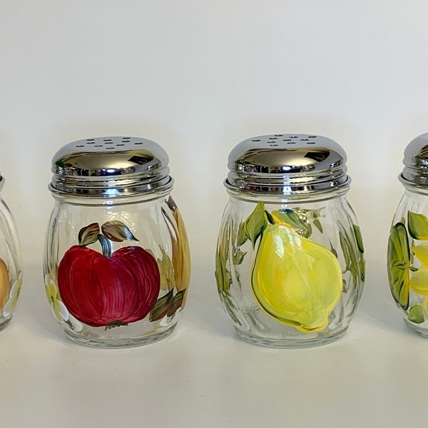 Hand painted cheese shaker, apples pears or sunflower cheese shakers, lemons small glass cheese shakers, practical shakers table decor gift