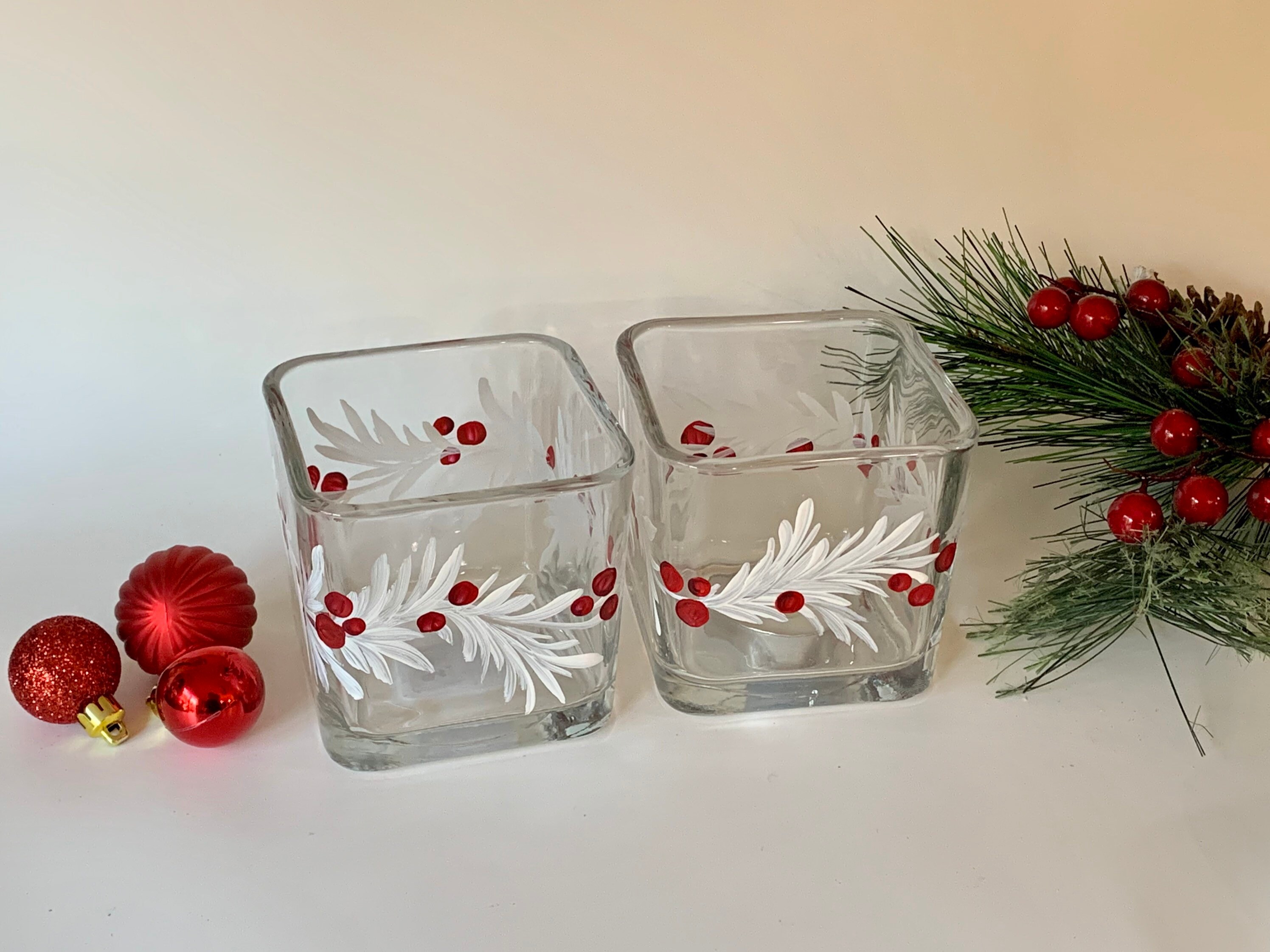Hand Painted Glass Christmas Candle Holder, White Branch Red Berry, Grab  Bag Gift, Xmas Birthday Gift, White Winter Votive Holder 