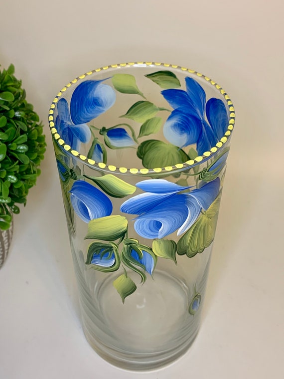 Painted Glass Vase, Blue Rose Decor, Blue Glass Vase, Flowers Vase
