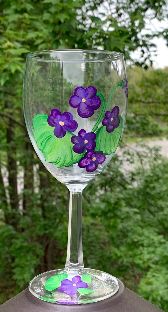 Set of Two Hand Painted Wine Glasses With Violets, Bright and Beautiful,  Great Birthday Gift Idea. 