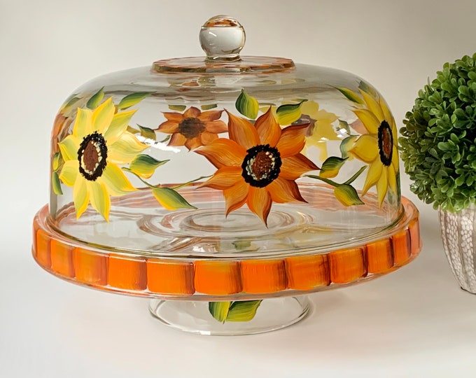 Glass Cake Dome Plate Set Painted Sunflowers Cake Stand Etsy