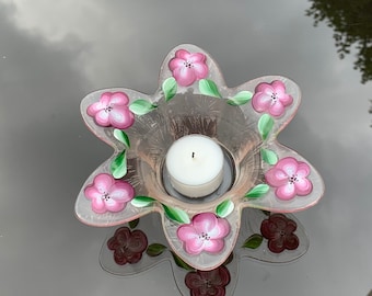 Hand painted candle holder, ring holder, unique glass, hand painted, burgundy flowers, colored glass, tea light holder, votive holder